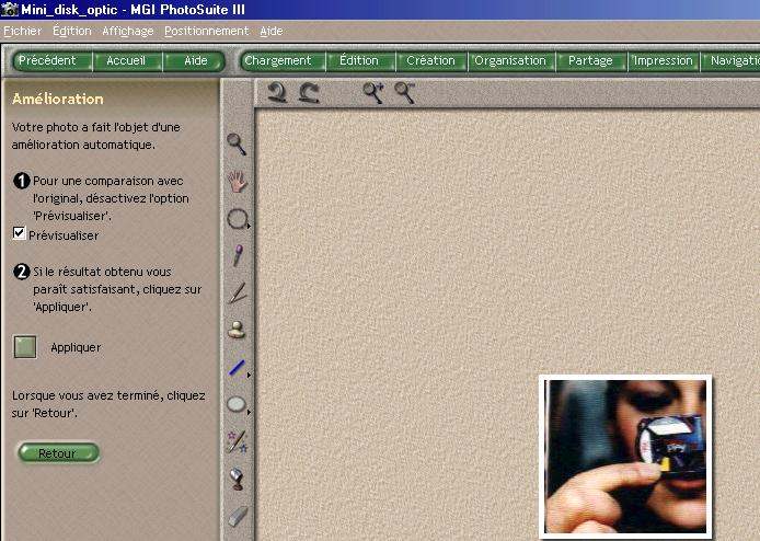 Interface MGI, noter la barre de commande à gauche. Cliquez pour retourner  à la page précedente